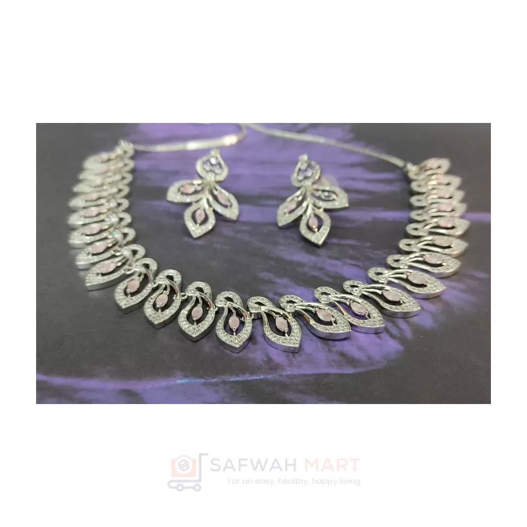 Diamond Cut Stone Necklace & Earring Set (Leaf Pink)