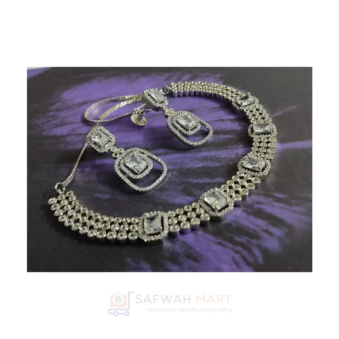 Diamond Cut Stone Necklace & Earring Set (Square White)