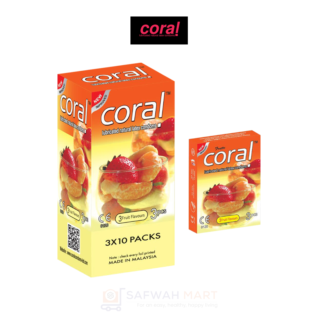 Coral 3 Fruits Flavors Lubricated Natural Latex Condoms(Frutty)