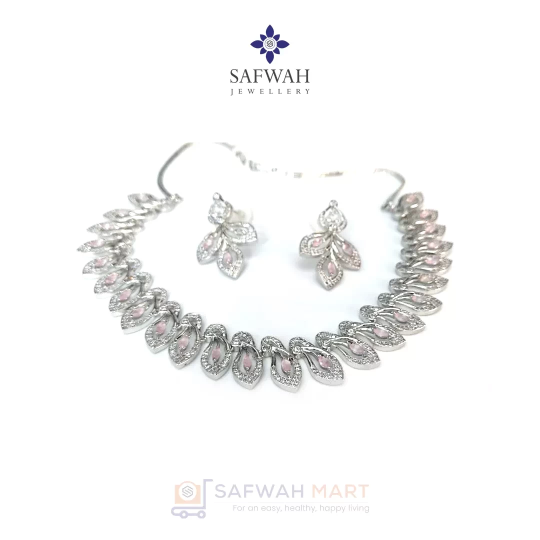 Diamond Cut Stone Necklace & Earring Set Leaf Pink