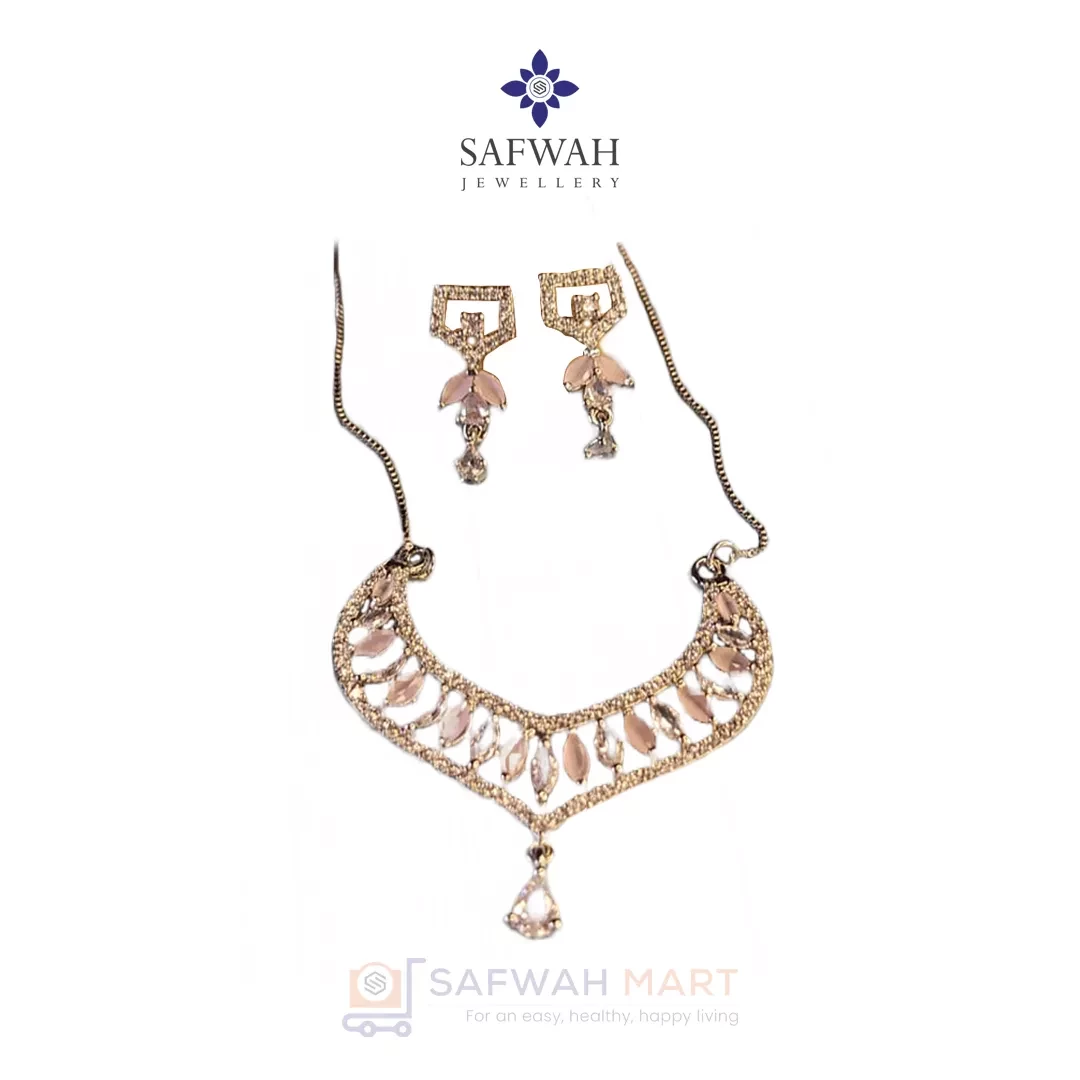 Necklace & Earring Set (V Shape White Pink Diamond Cut)